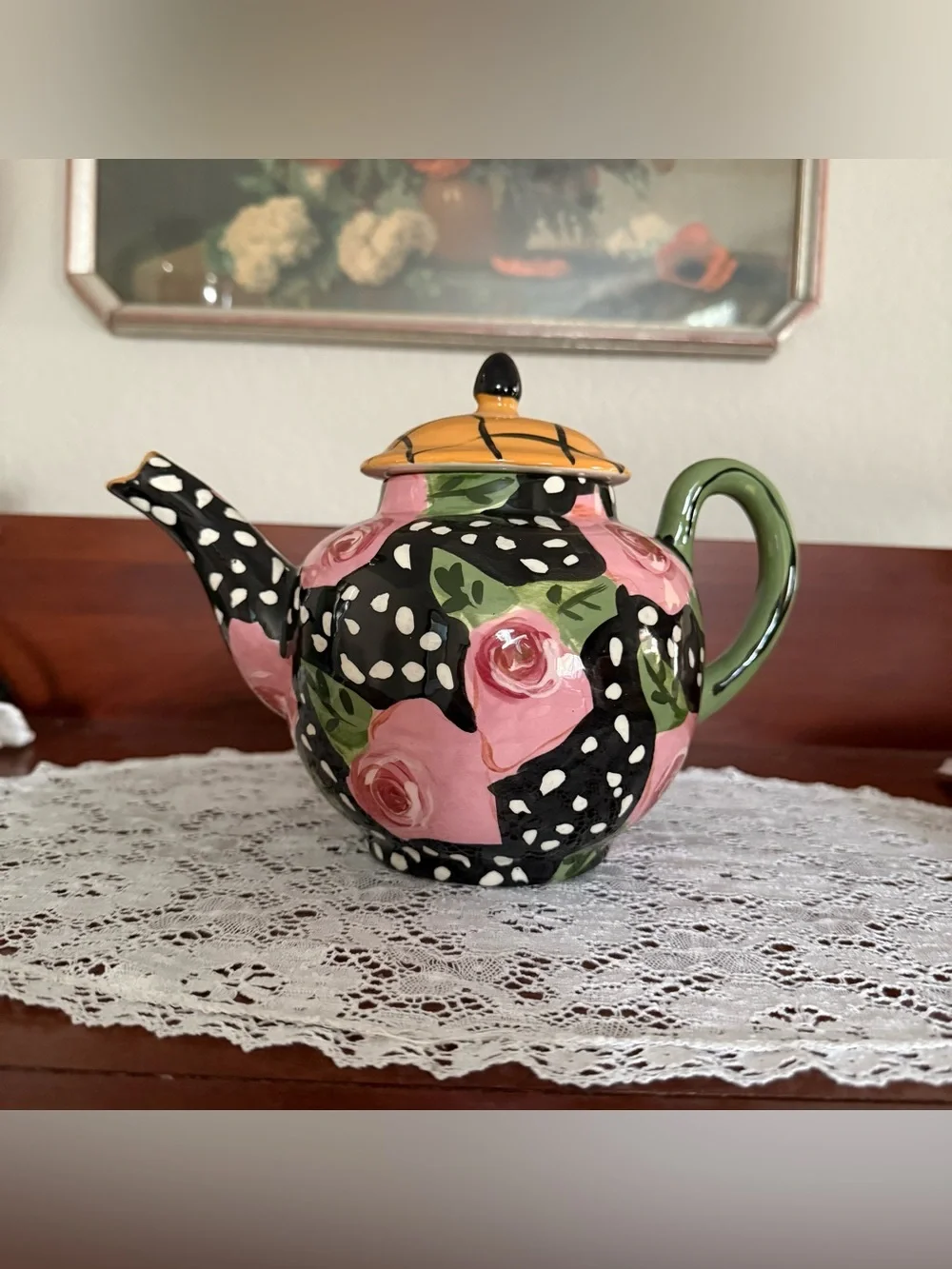 Vintage Droll Designs Hand-Painted Teapot - Whimsical Pink Rose & Polka Dot